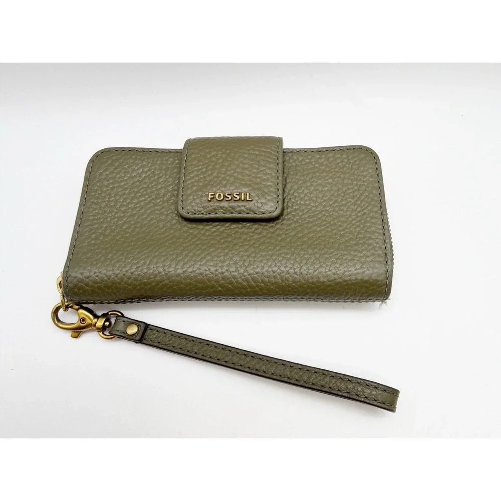 Fossil Wristlet Wallet Women's Green Leather Zip Around Clutch Cell Phone